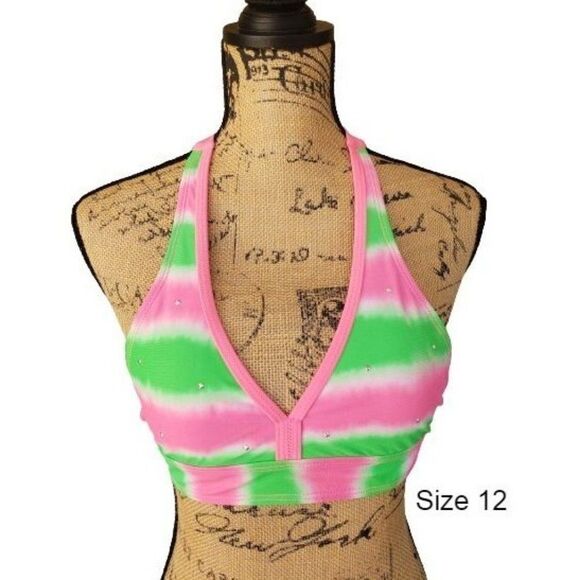 O'Rageous Other - Girls Halter Bikini Top PINK Green Studded Swimwear Swimsuit Size 12 NWOT